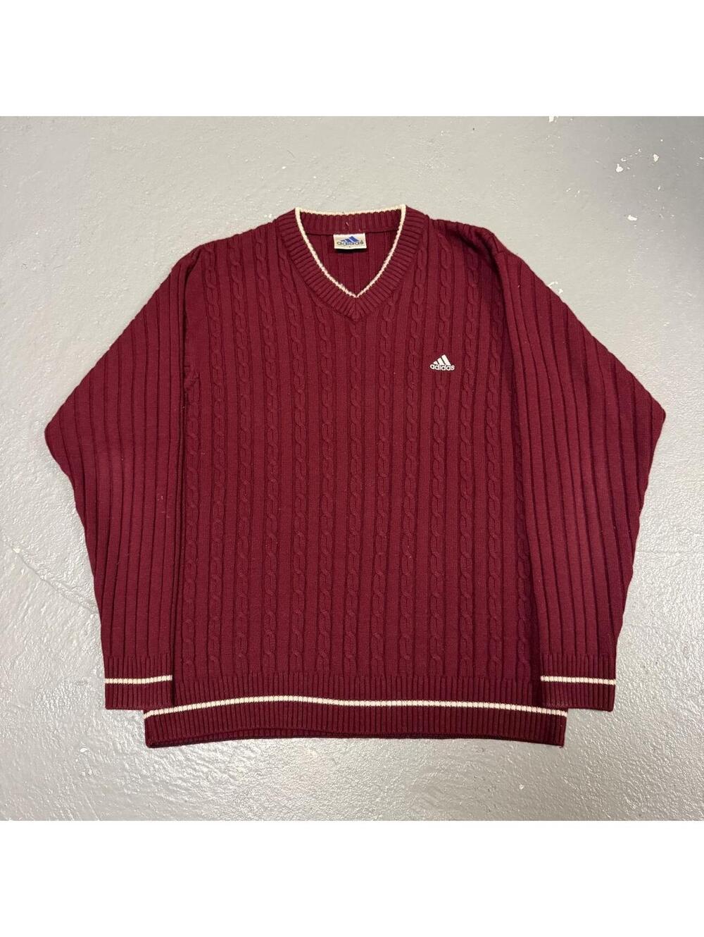 Vintage 1990s Adidas Burgundy Red and White Knitted Wool Blend V-Neck Sweater